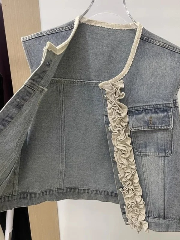 Rompi Denim Wanita Model Prancis Kecil yang Modis, Pakaian Musim Semi atau Luaran, Slim Fit, Cardigan Gaya Korea