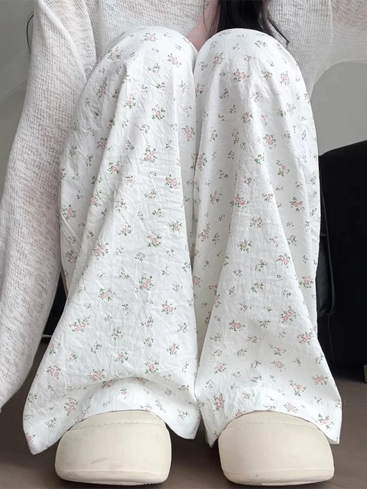 White Wide Leg Pants Women's Loose Fit Straight High Waist Draped Floral Print Korean Style Commute Wind Casual Trousers