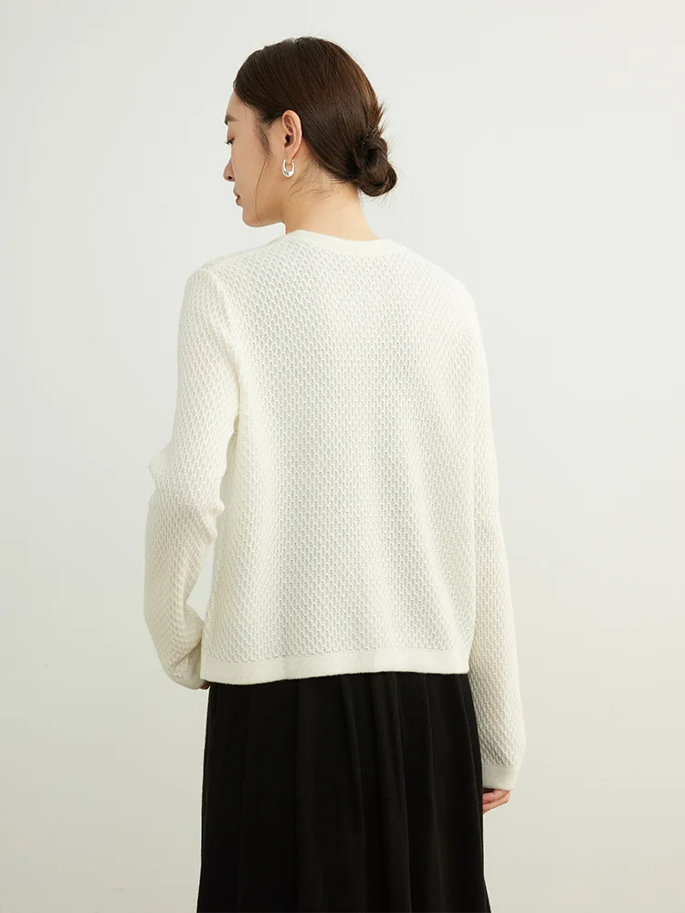 SuyaDream, Cardigans For Woman, 32.4%Wool, Beading Round Collar, Solid Black  Sweaters, 2024 Fall Winter Jackets, White