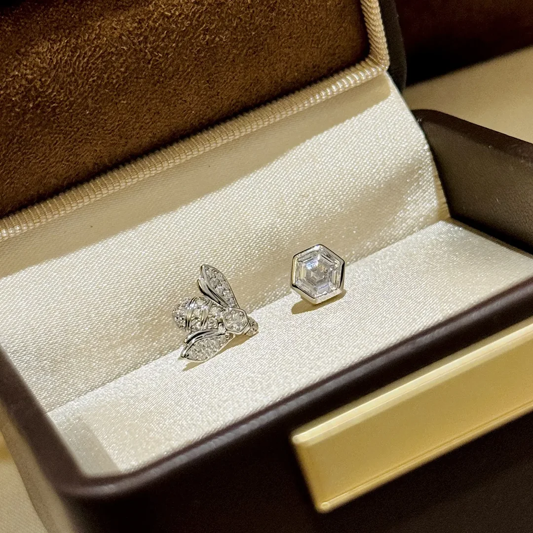 New French Luxury Jewelry S925 Pure Silver Asymmetrical Women's Earrings. Bees and Love. Not Fading or Allergic 3
