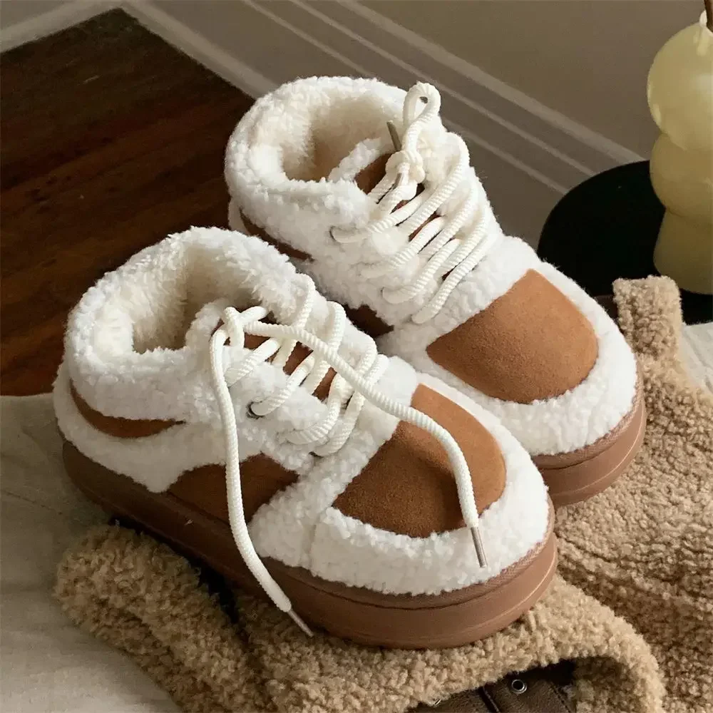 Versatile Winter Fashion Cotton Shoes Men's Women's Women's Comfortable Warm Non-slip Retro Lamb's Wool Bread Shoes Shoelace