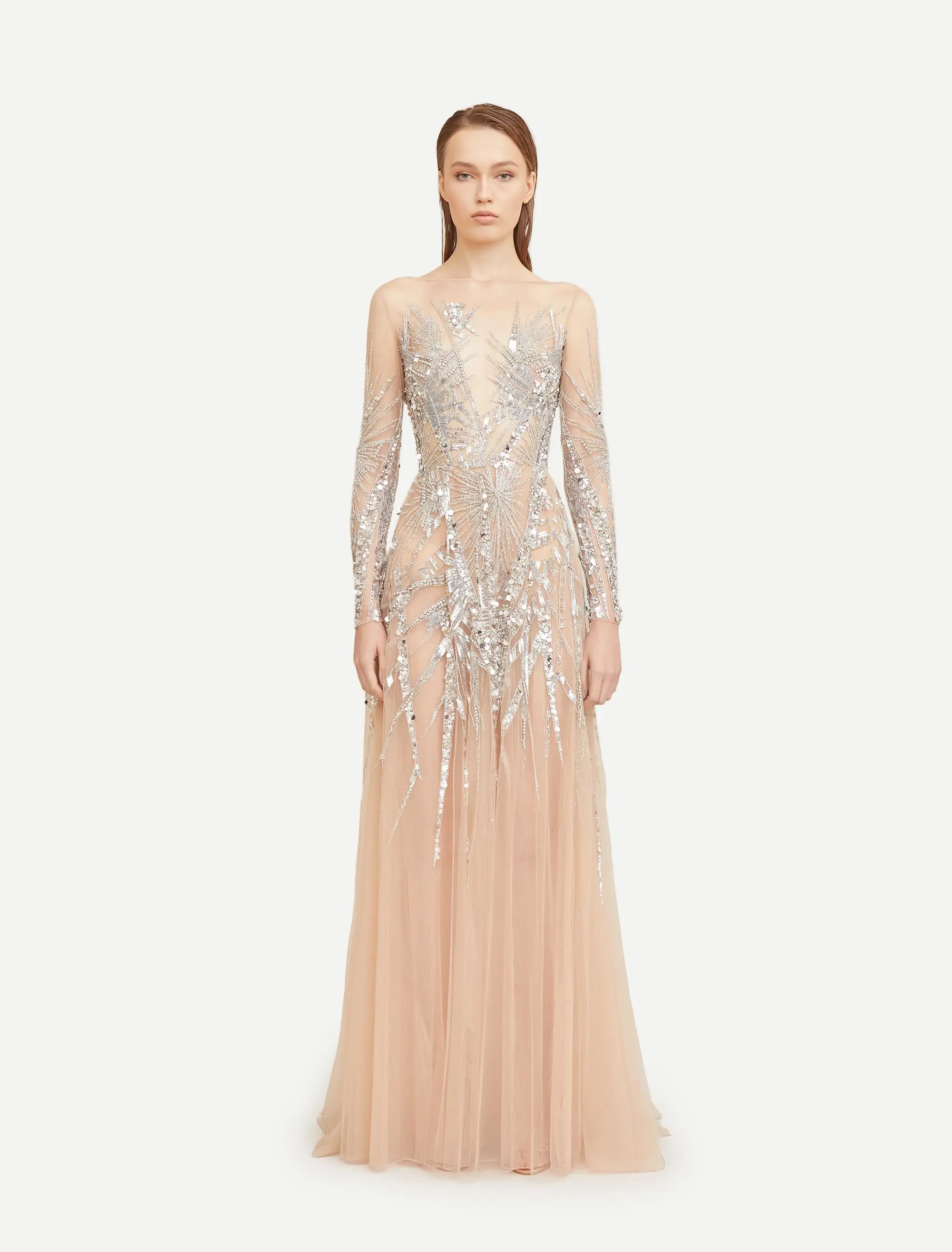 L295 Zuhiar murad Champange Long Sleeves Sliver Beaded  فساتين السهرة vestidos de fiesta  فساتين سهره evening dresses