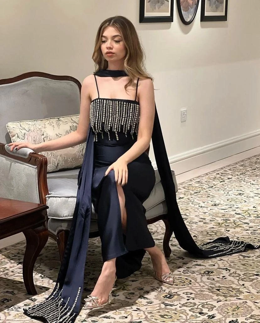 Robe de Soirée de Luxe Noire et Élégante avec Perles pour Femme, Tenue de Bal, Spaghetti, avec Traîne Amovible, Quelle que soit la Tenue de Mariage, 2024