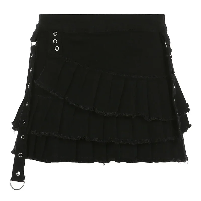 

2024 Kawaii Black Cosplay Skirt Goth Punk Y2K Pleated Stitching High Waist A-LINE Skirt Kpop Women Aesthetic Punk Mini Skirt