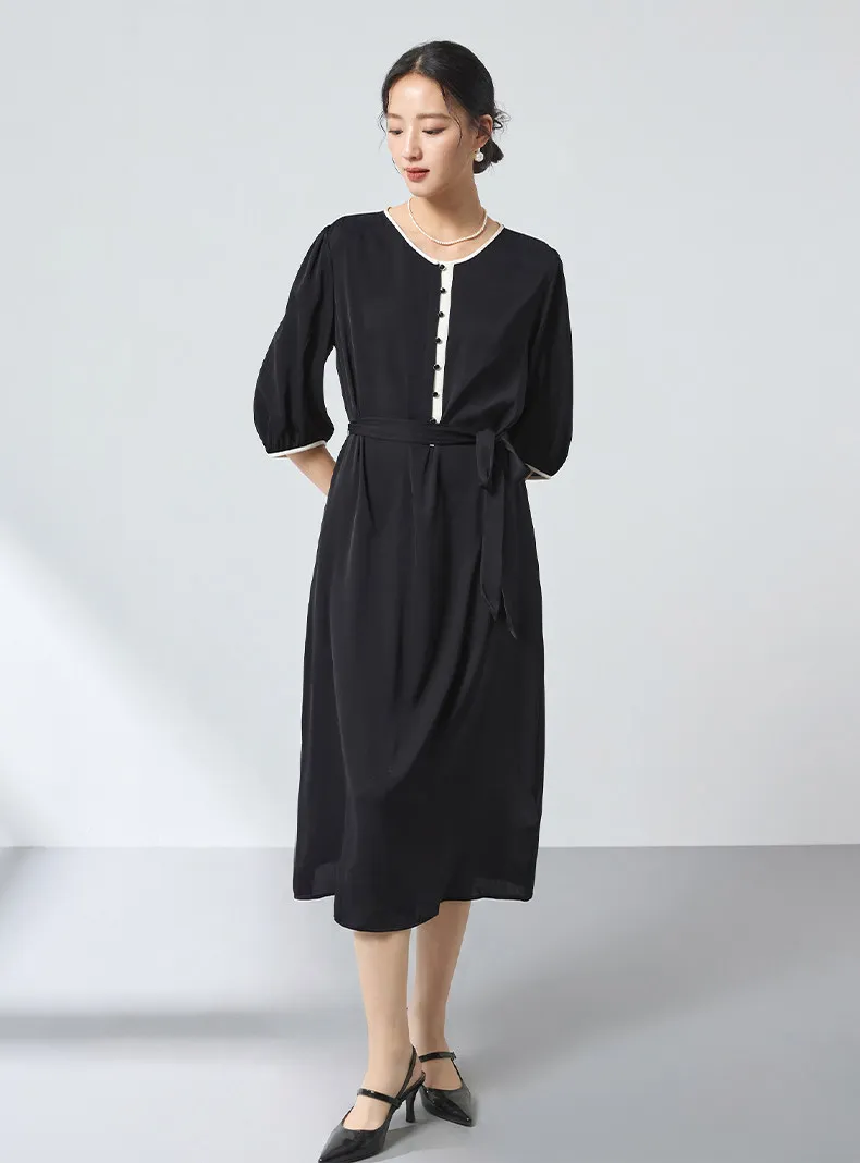 BirdTree-19MM 91.8%Silk 8.2%Spandex Elegant Dress, Half Sleeve Buttons, Women Fashion A-line Dresses, 2026 Summer New D63649CC