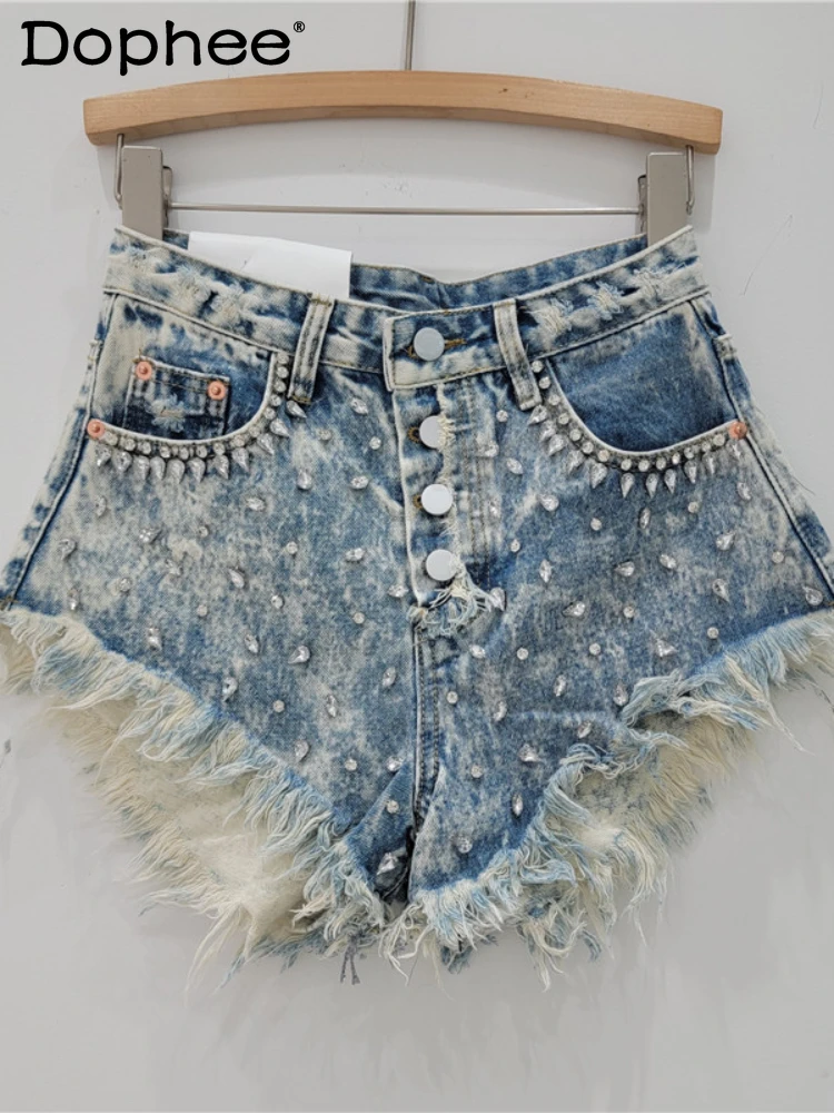 Large Particle Rhinestone Beaded Tassel Edge Denim Shorts Women 2024 Spring and Summer Hot Girl Style Distressed Hot Pants