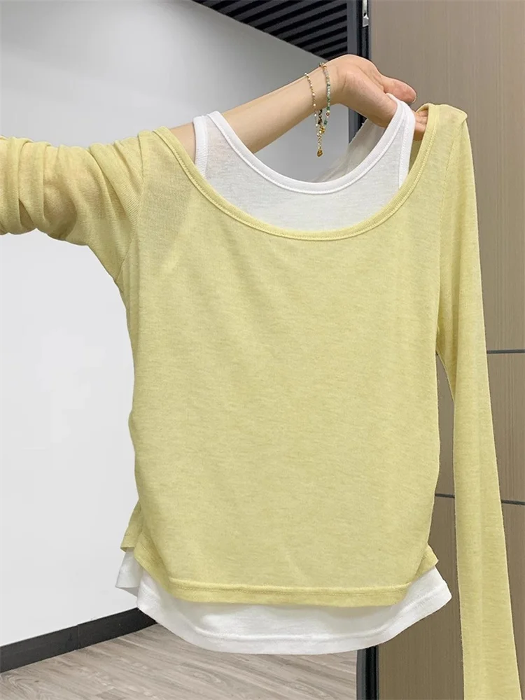 

Желтая длинная футболка Sve, женская весна 2022, облегающий жилет со сложенной талией, верхний цвет, Blo Commute Sle, корейская версия...