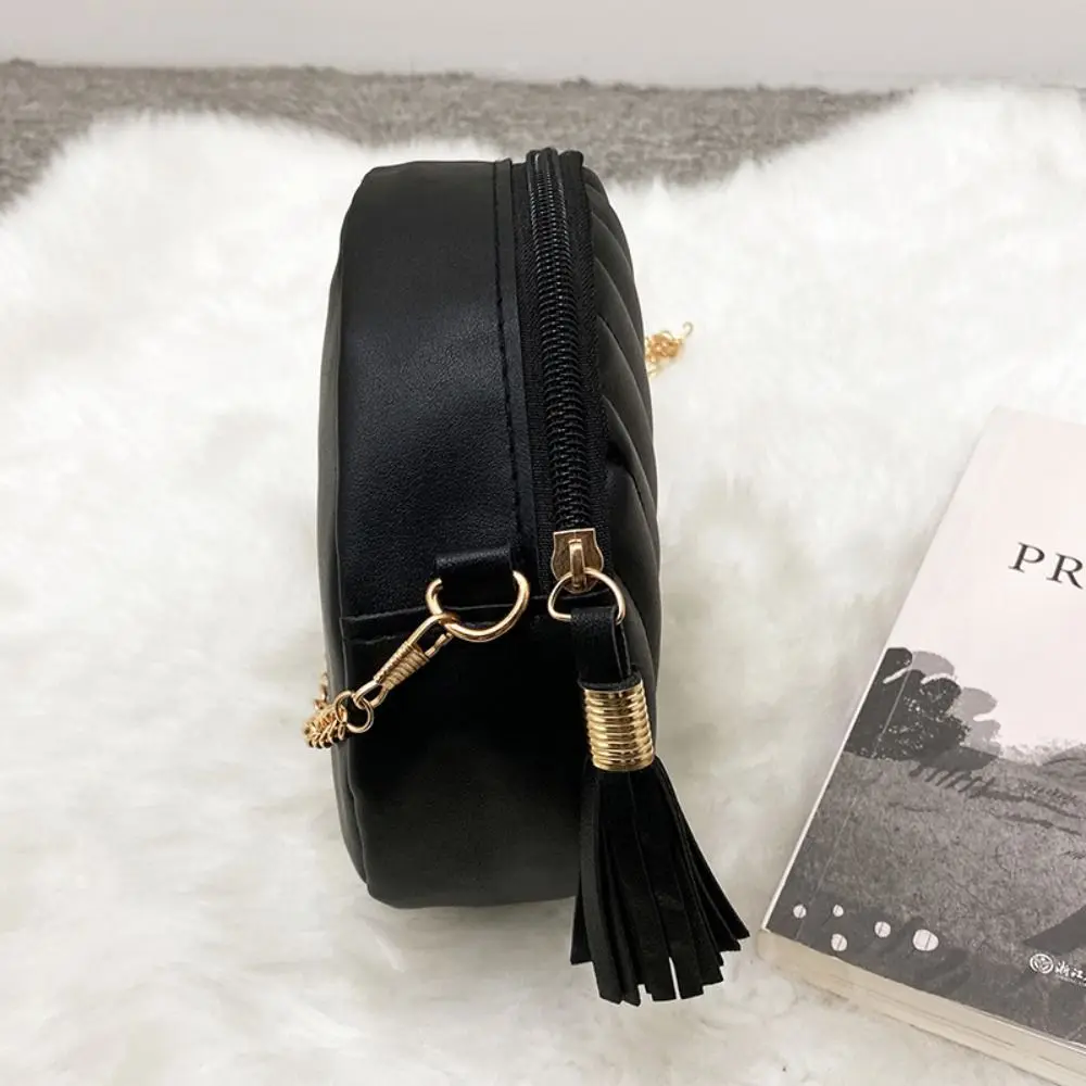 Fashionable V-shaped Line Line Small Round Bag PU Zipper MINI Handbag Tassel Cross-body Pouch Party