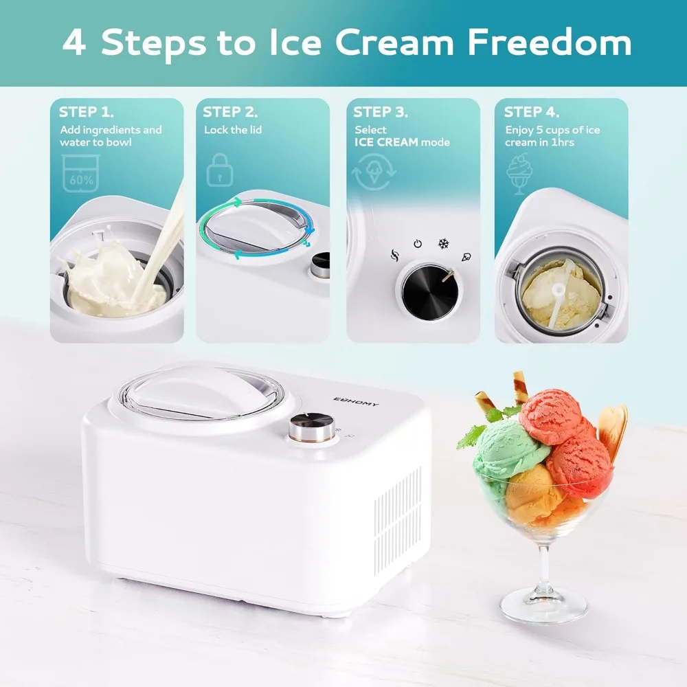 1.1 Quart Ice Cream Maker Machine with Built-in Compressor, Fully Automatic, No Pre-freezing, 2 Buttons Control, 1 Hour