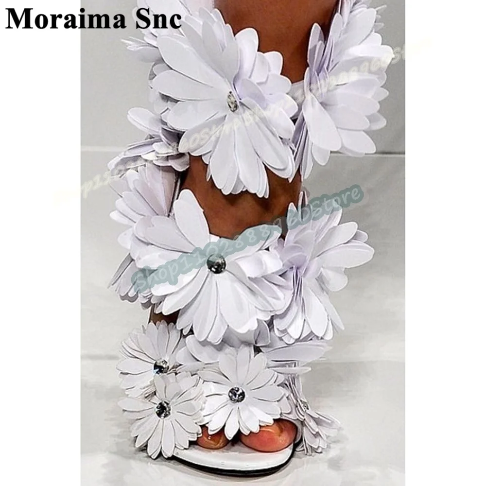 

Runway White Handmade Flowers Sandals Stilettos High Heel Shoes For Women Buckle Strap Open Toe Catwalk Party Stylish Sandals