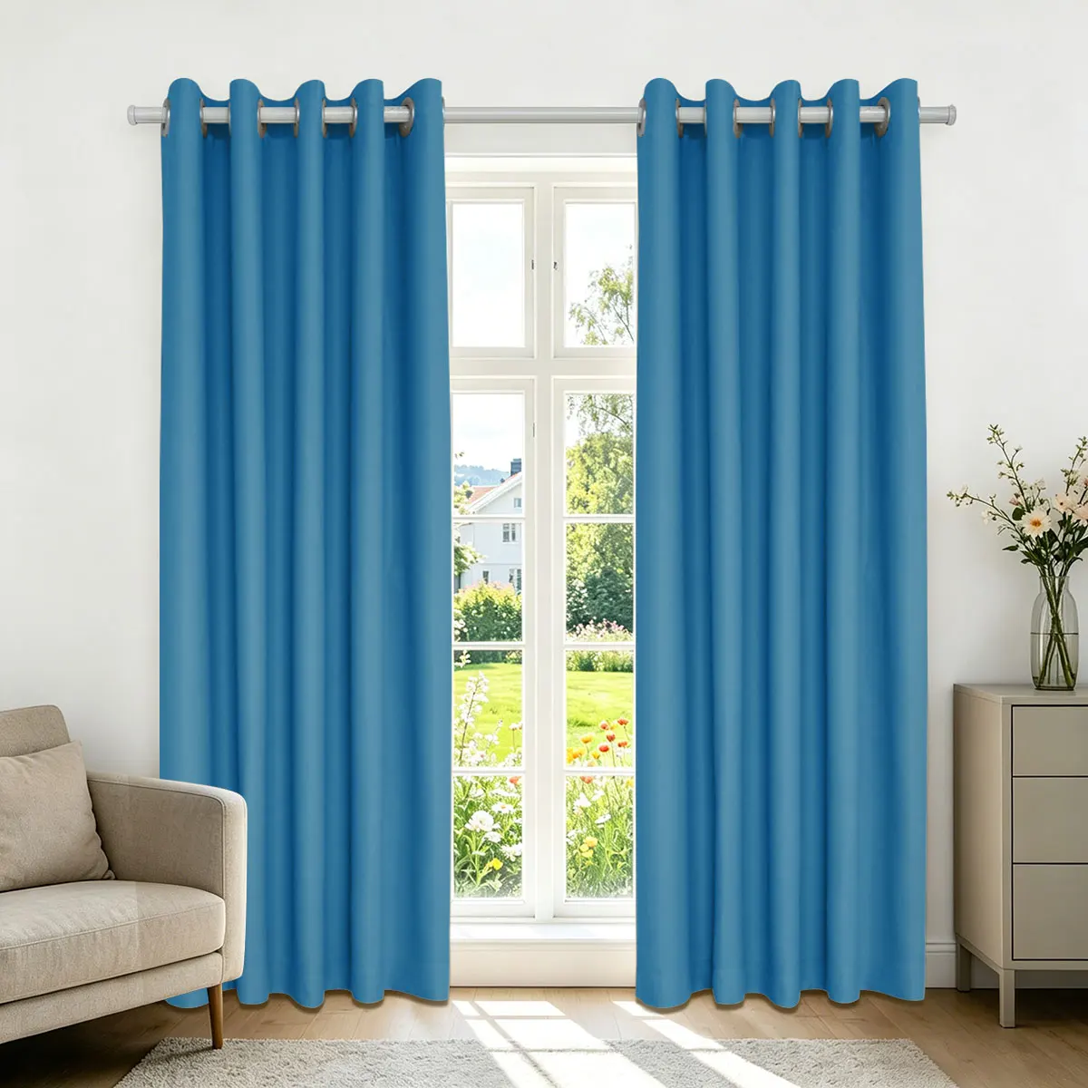 Blue Solid High‑Density Blackout Curtain, Grommet Top, Privacy Window Curtain for Bedroom Living Room, 2 Panels