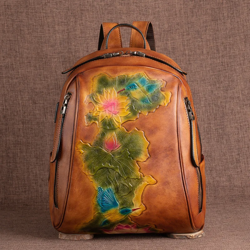 Vintage Genuine Leather Backpack Women Original First Layer Cowhide Travel Bags Handmade 3D Floral Real Cow Leather Shoulder Bag