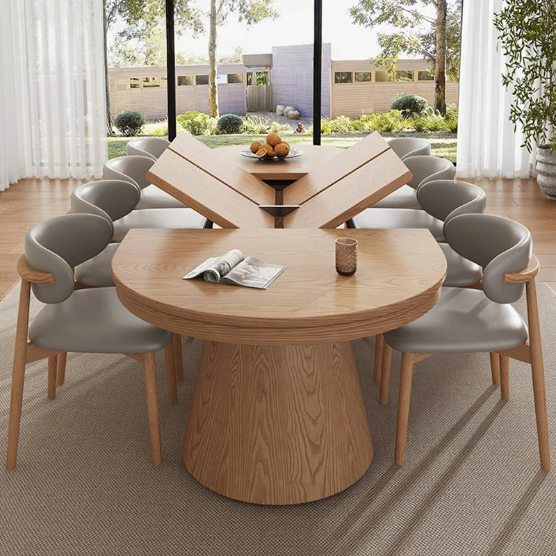 Log color all solid wood retractable folding dining table variable round table