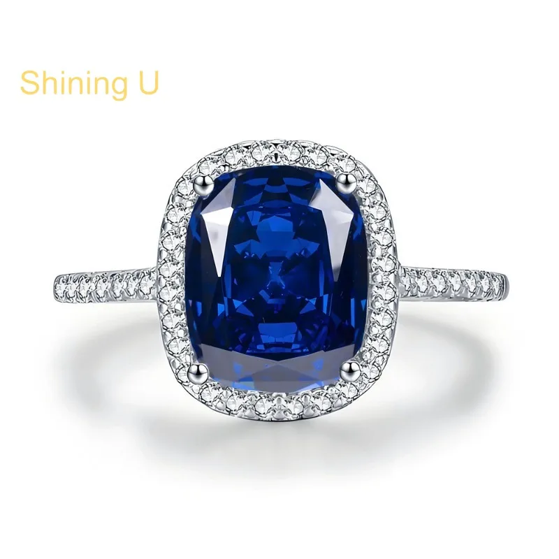 

Shining U 925 Sterling Silver 8*10mm Sapphire High Carbon Diamond Gems Ring for Women Engagement Wedding Fine Jewelry