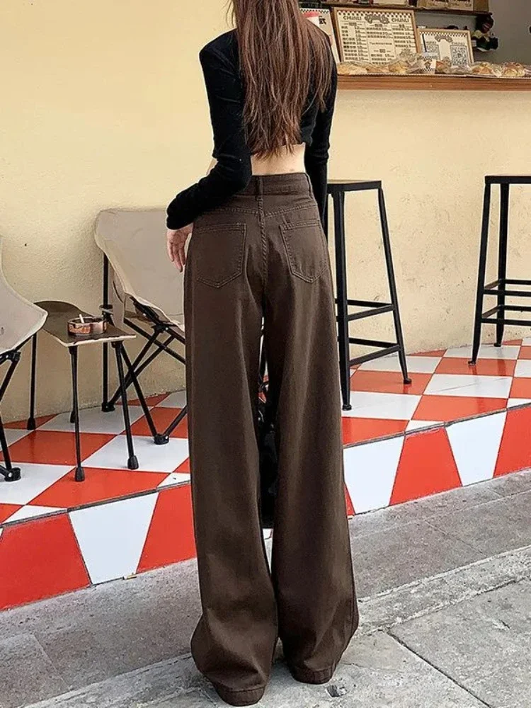 Jeans Women American Retro High Waist Wide-leg Baggy Straight Drapey Pleated Autumn Stylish Design Floor-length Denim Trousers
