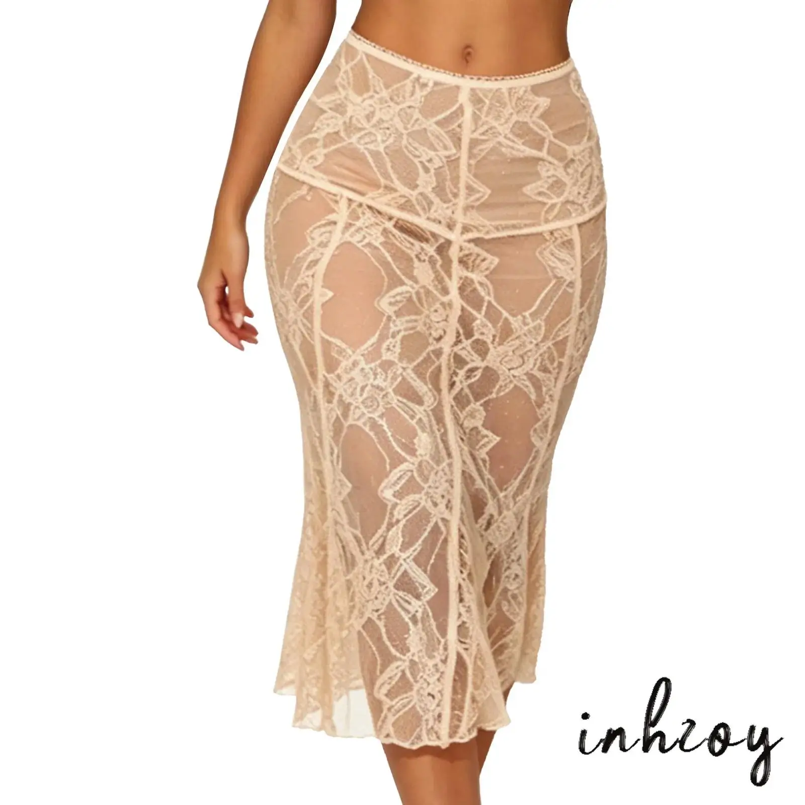 Fashion Women Floral Lace Mermaid Skirt See Through High Waist Elastic Waistband Midi Cover Up Skirt for Beach Party Vacation