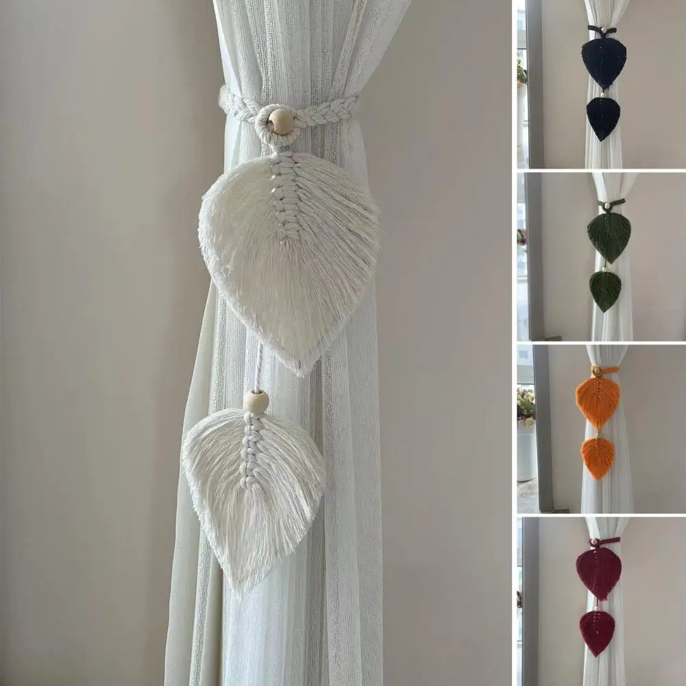 Boho Style Curtain Tiebacks Hand Knitting Cotton Linen Holdbacks Adjustable Wooden Bead Double Leaves Curtain Tie Back