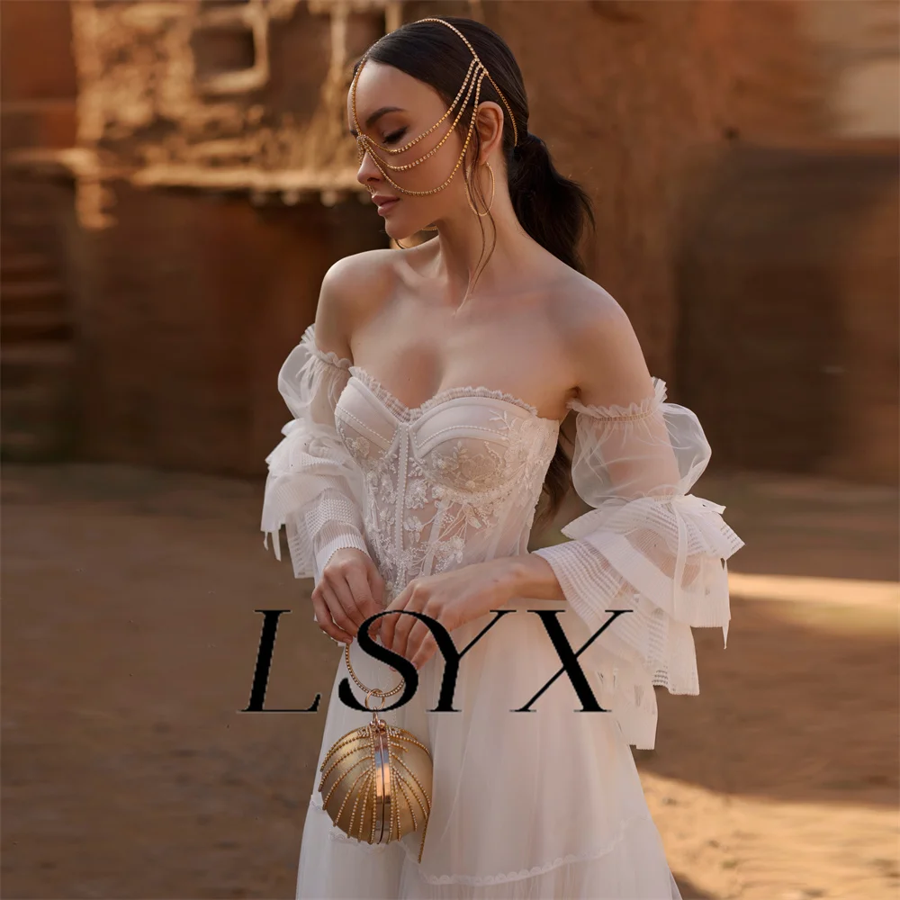 LSYX personnalisé Boho détachable manches longues hors épaule Tulle robe de mariée à lacets dos a-ligne chérie Court robe de mariée