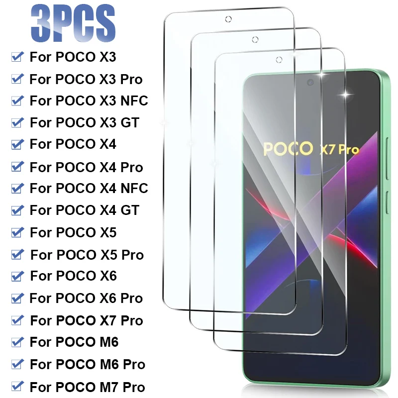 

Защитное стекло для Poco X3 X4 GT NFC X5 X6 X7 X8 Pro Max, 3 шт., защитная пленка для экрана Xiaomi Poco M5 M5S M6 M7 Pro 5G, стеклянная пленка