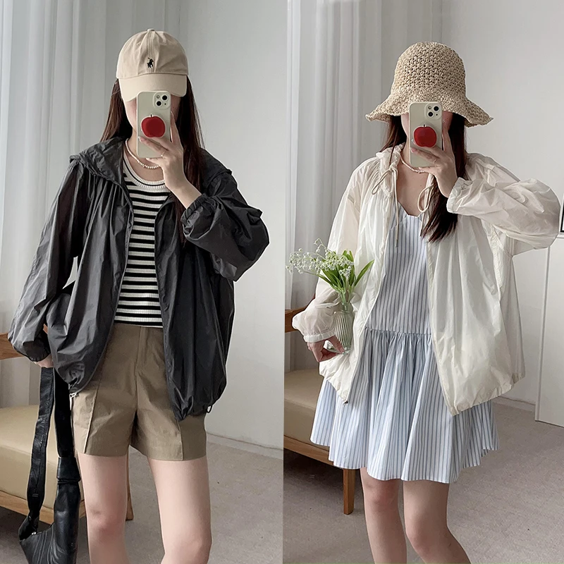 

Casual Sle Women's Light Jaet Hooded Dstring Stand Collar Summer Skin Clothes Breathable Thin Outerwear Two Colors