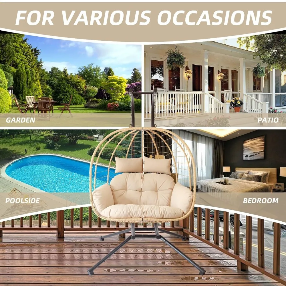 Double Egg Chair with Stand, Patio Wicker Hanging Swing Egg Chair Thickened, Galvanized Pipe Steel Frame and UV Resistant Cushio