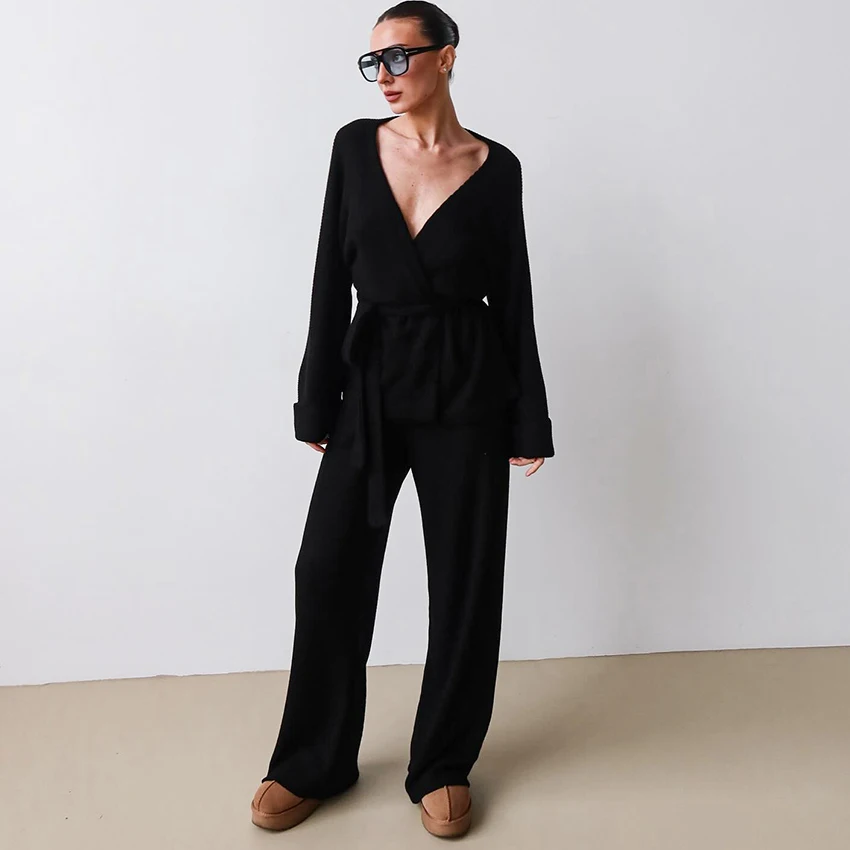 

HiLoc Winter Elegant Solid Waffle Pajamas 2 Piece Set Casual Sashes Blouse Elastic Waist Pant 2025 Autumn Long Sleeve Sleepwear