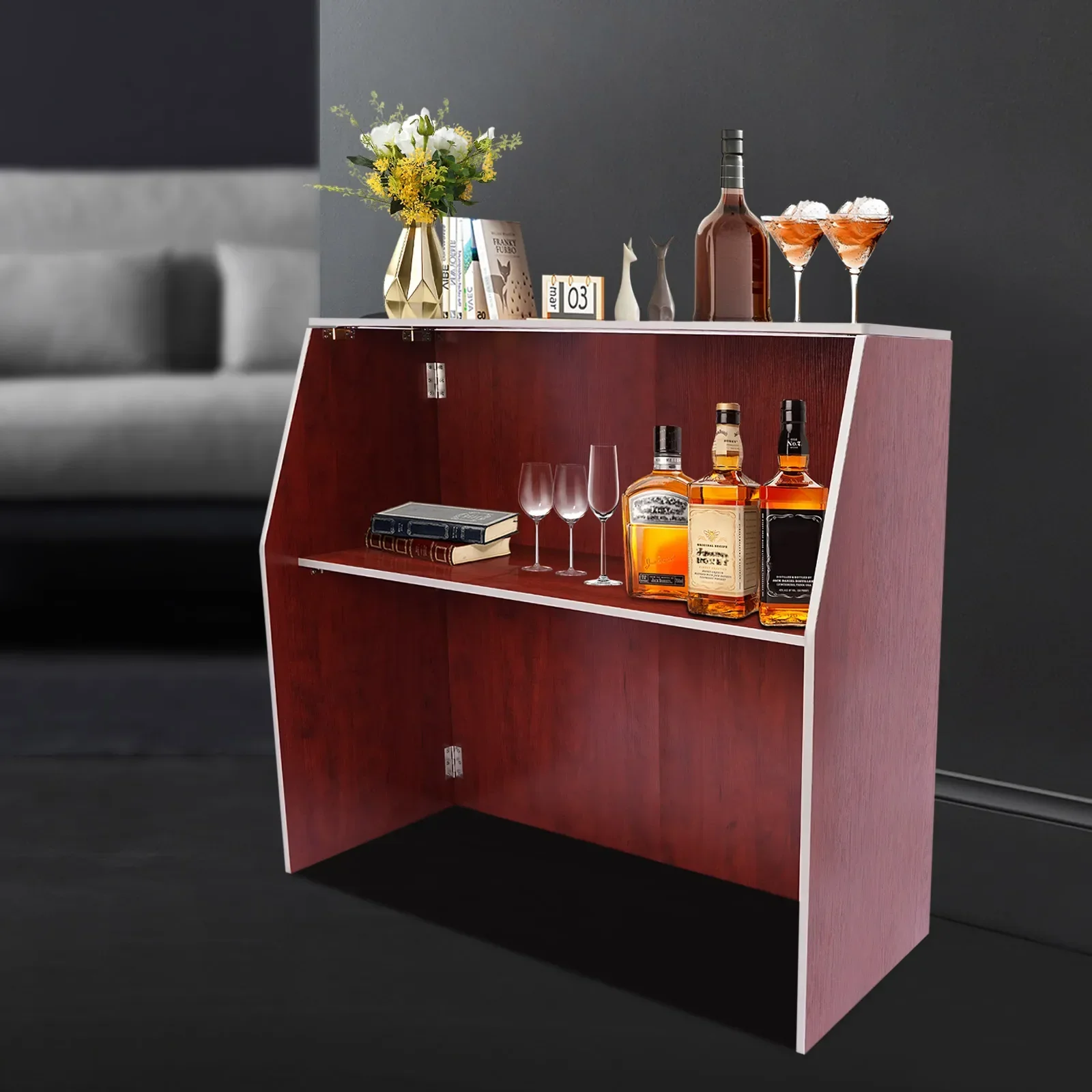 خزانة بار محمولة بتصميم بني غني 19.5 بوصة × 47.75 بوصة × 42.75 بوصة مع حواف ألومنيوم لتنظيم البار