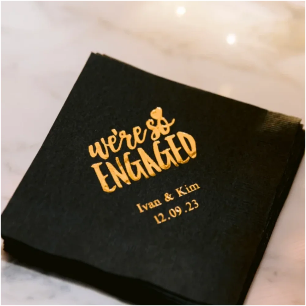 

Personalized Engagement Cocktail Napkins, Party Beverage Gold Foil Napkins, We're So Engaged, Rehearsal Luncheon Dinner, 50Pcs
