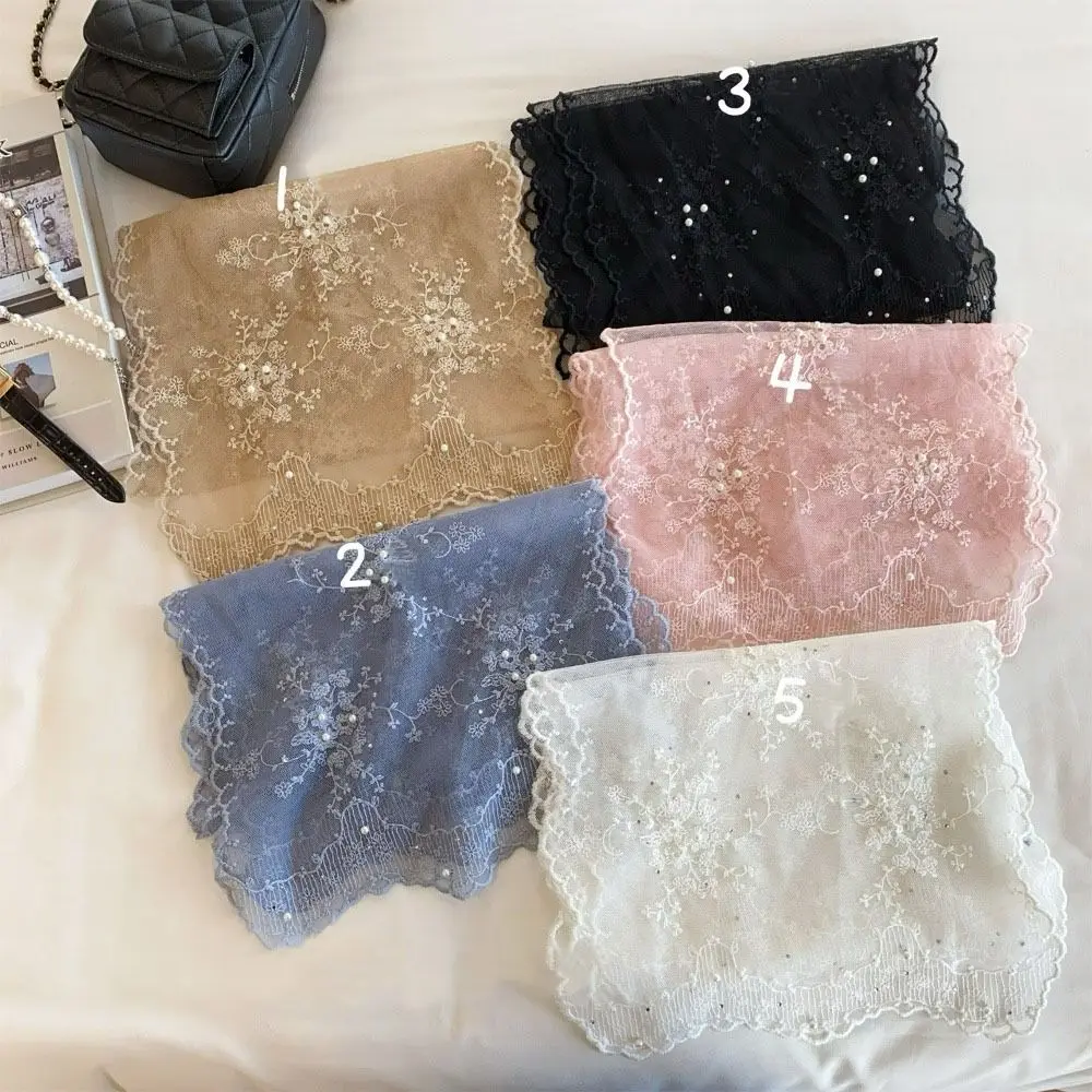 

Casual Retro Women's Lace Scarf Korean Version Long Sunscreen Shawl Embroidered Flower with Pearls Female Headscarf