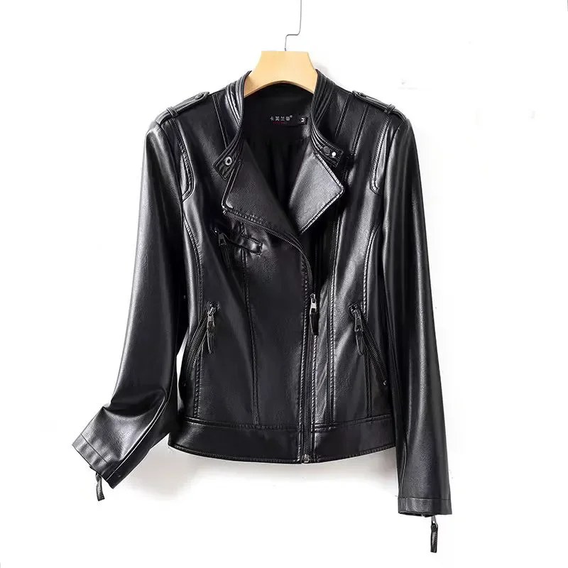 แจ็คเก็ตหนังสตรีทแวร์ปี 2025 เสื้อโค้ทสั้นผู้หญิง ฤดูใบไม้ผลิ ฤดูใบไม้ร่วง ซิปคอตั้งทรงเข้ารูป เสื้อแจ็คเก็ตหนัง PU สไตล์โมโต