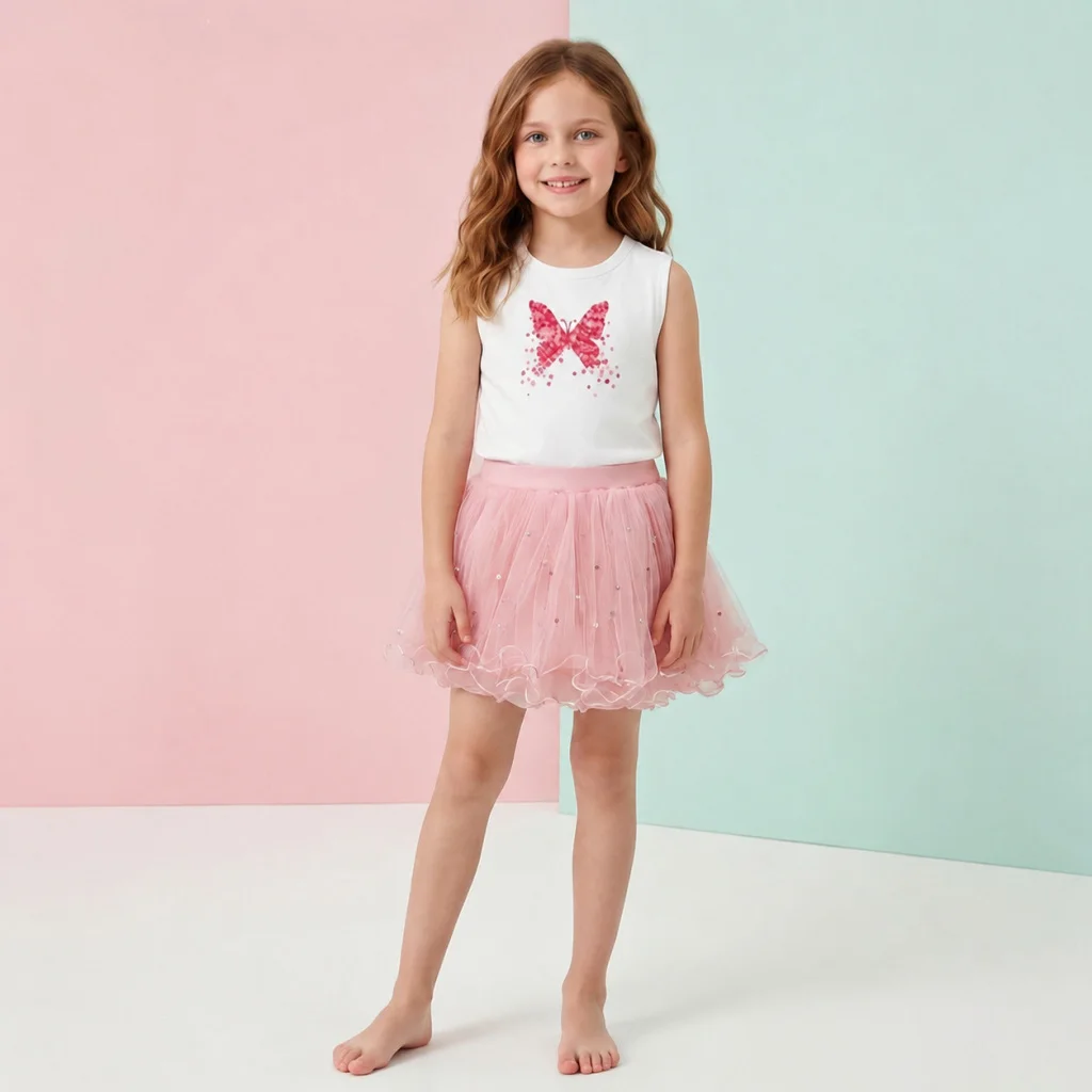 Sommer Kinder 2-teiliges Kleidungsset Rosa Glitzer Schmetterling Ärmelloses Top Funkelnder Tüllrock Kleine Mädchen Geburtstagsparty Outfits