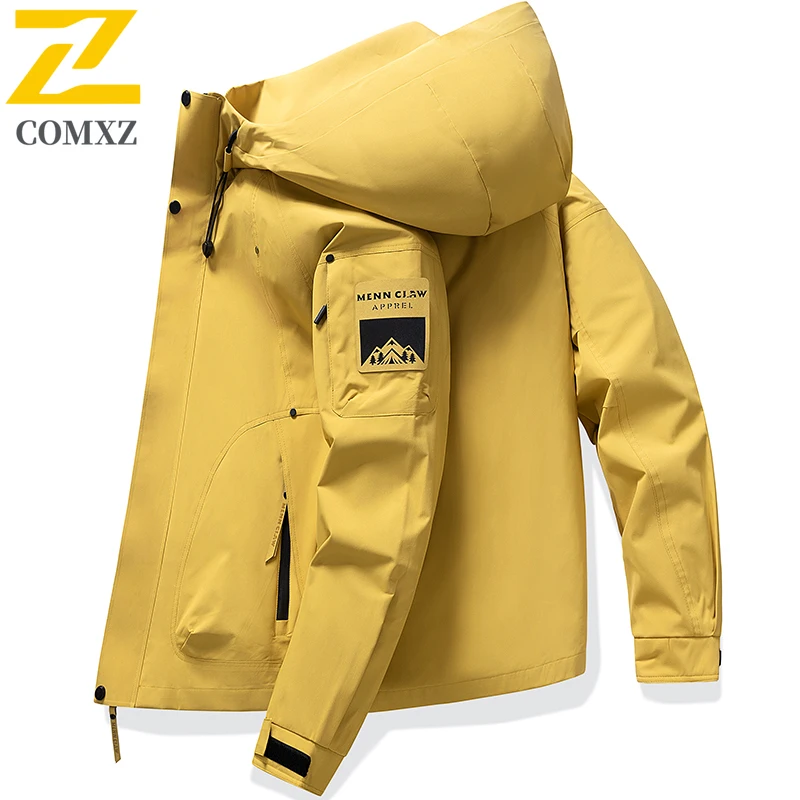 

COMXZ 2025 Spring Men's Lightweight Hooded Work Jacket Youth Trendy Casual Windbreaker Waterproof Outdoor Streetwear Tech