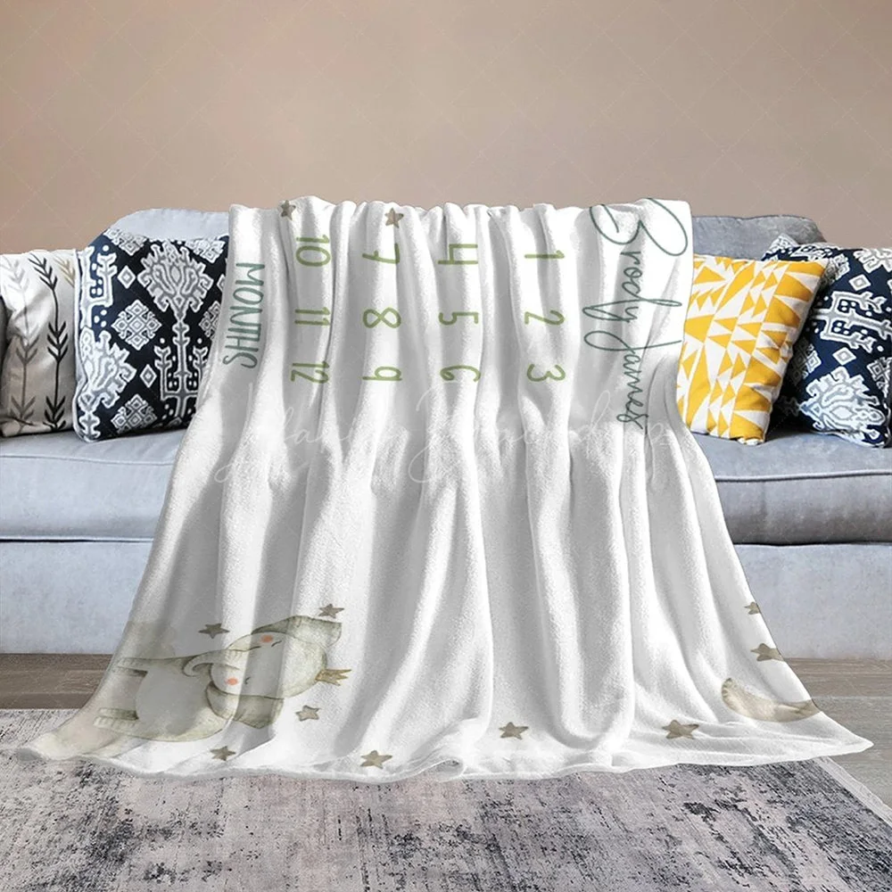 White Elephant Night Month Table Custom Name 50x60in Blanket, Personalized Gift for Baby Kids Room Decor