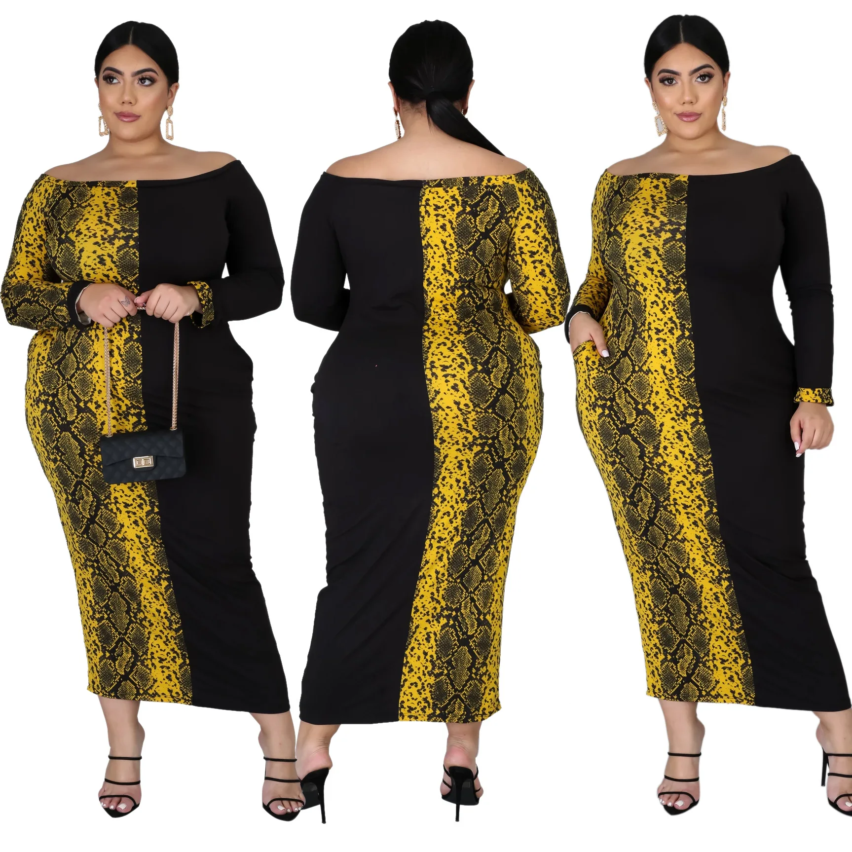 2022 Spring Fashion Printed Maxi Dress Long Sleeve Sexy Off Shoulder Plus Size Women Clothing Wholesale Dropshipping