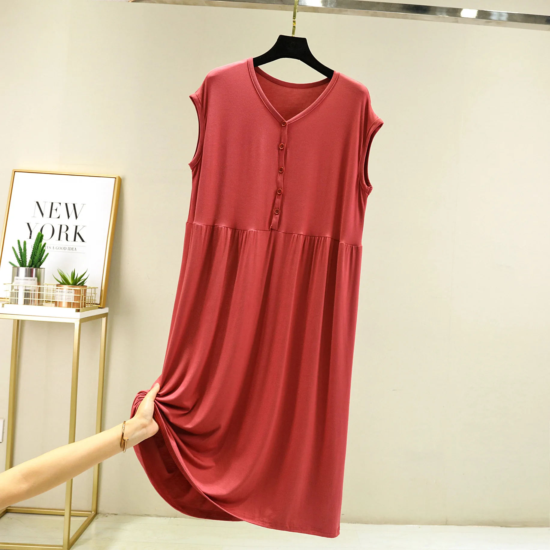 Summer Modal V-Neck Sleeveless Dress Loose Bottoming dresses Casual homewear Buttons sleepdress