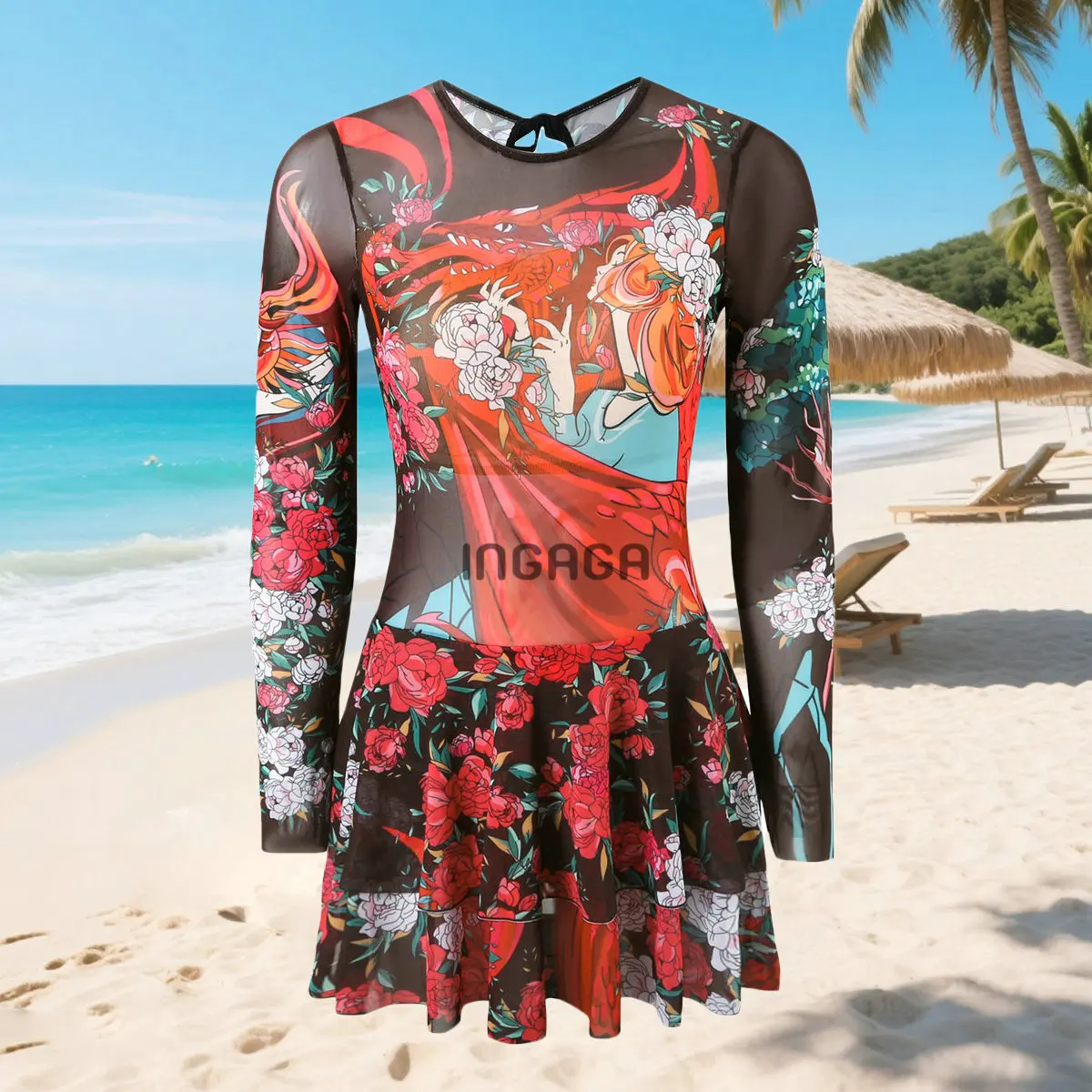 

Mesh Swimwear Woman 2025 Whole Cover Swimdress with Long Sleeve Floral Print Swim Skirt Woman Beachwear Dress Big Size