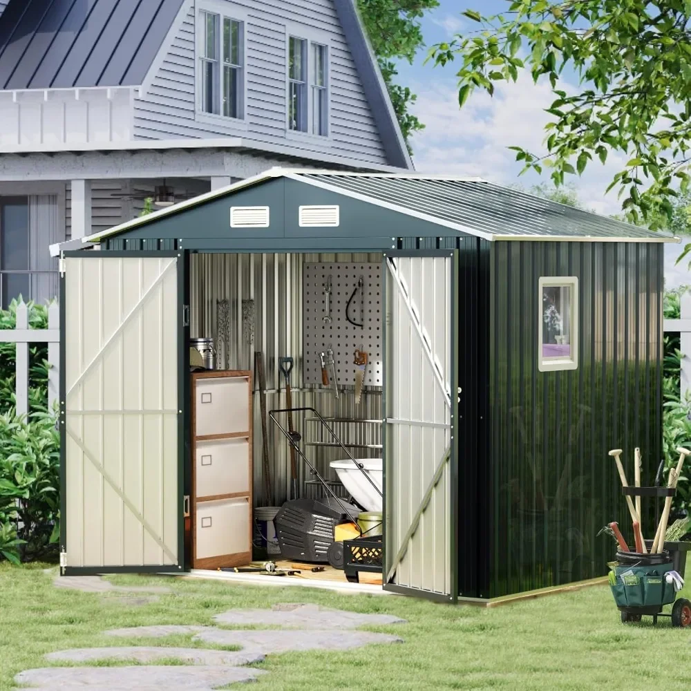 8x6FT Outdoor Steel Storage Shed with Clear Window, Lockable Doors, Weather-Resistant Metal Tool Shed