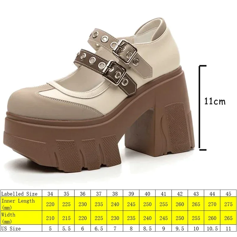 Fujin 11cm Synthetic Patent Genuine Leather Chunky Heels Pumps Summer Ankle Boots Mary Jane Chunky Heels Buckle Platform Shoes