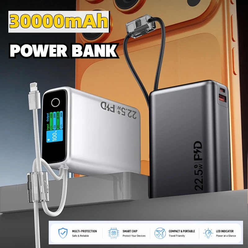 2026 New Power Bank TFT Display 20000mAh Large Capacity Fast Charging Portable Charger Built-in Cables for IPhone Samsung Xiaomi