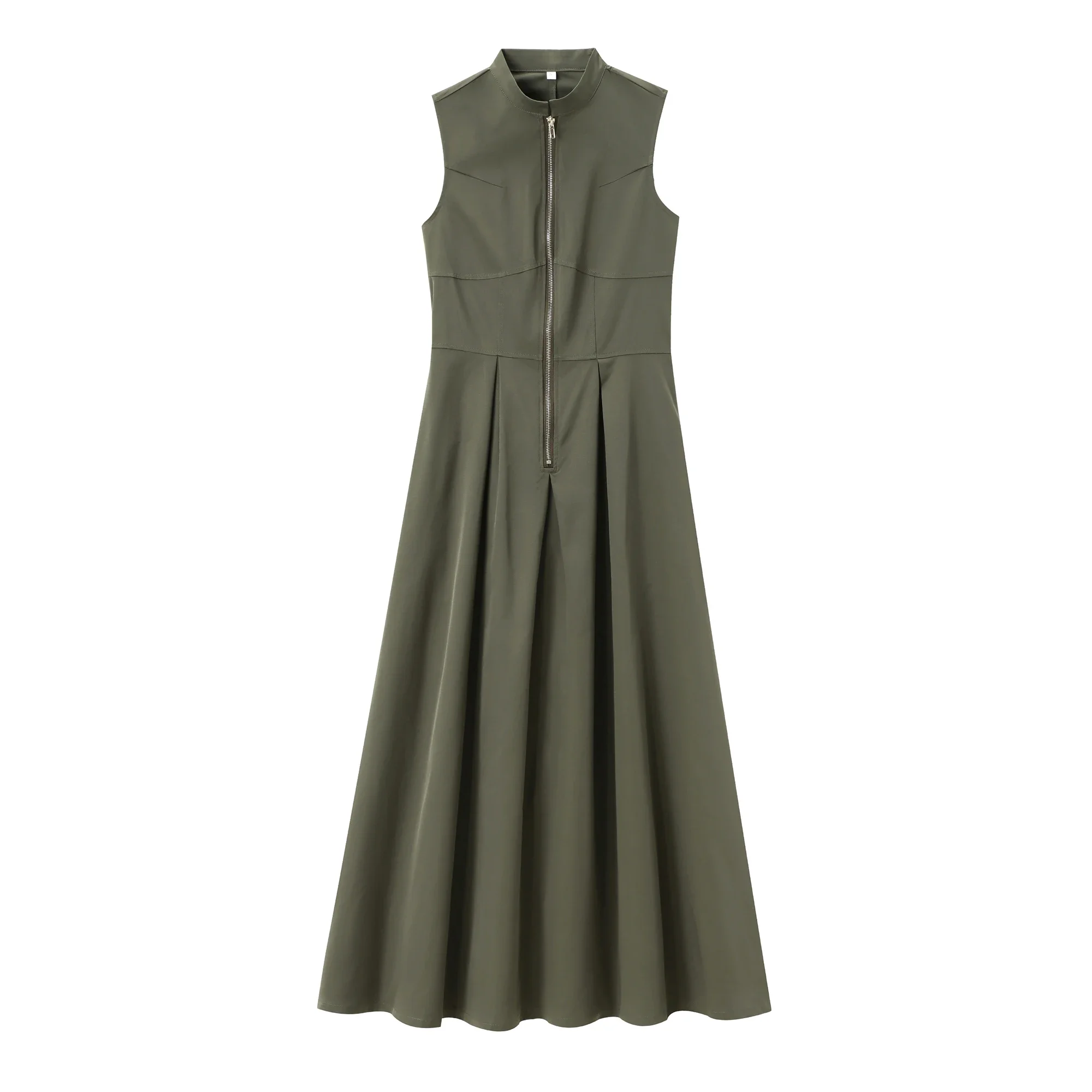 Women Sleeveless Pleated Women Maxi Long Skirt Summer Front Zipper Pockets Slim A Line Big Hem Female Dress Y2K Holiday Dress