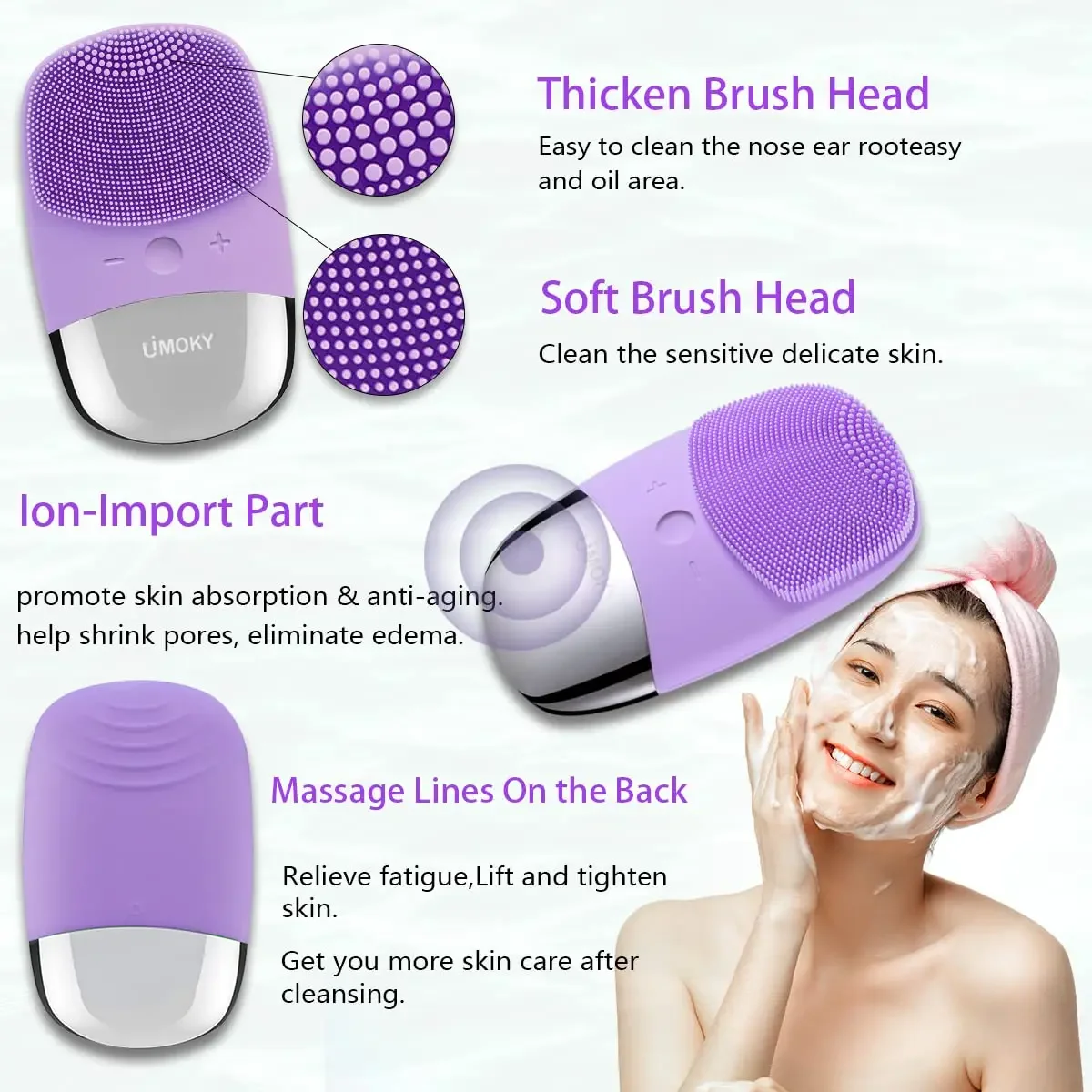 Escova elétrica facial de limpeza de silicone, dispositivo de limpeza profunda de massagem vibratória ultrassônica, recarregável por USB