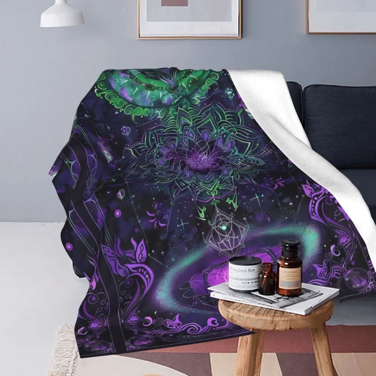 Retro Celestial Neon Glow With Astrological Symbols And Starry Night Design Blanket Soft  Flannel Throw Blanket Bedding for Bed