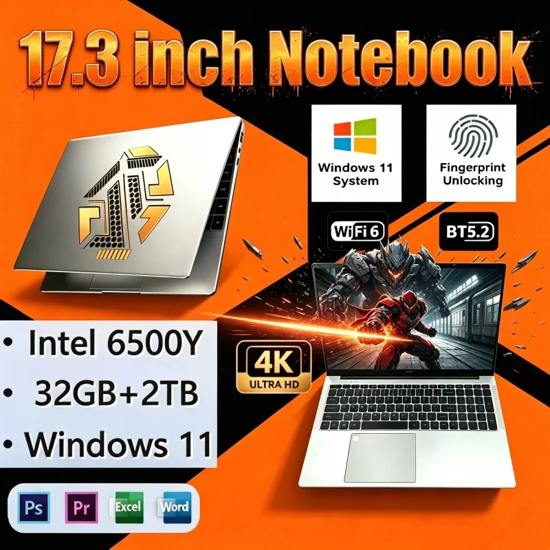 17.3" Lucid Laptops Intel 6500Y Windows 11 32GB 2TB HD Display Fingerprint Unlock Gamer Study Office Notebook Computer PC