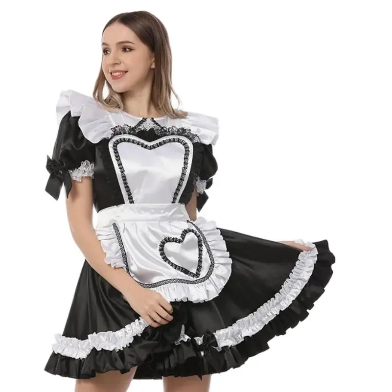 

French Sexy Adult Custom Fetishist Cross Dressing Sissy Shoulder Fluffy Gothic Lace Cuffs Apron Heart-shaped Decorative Dress