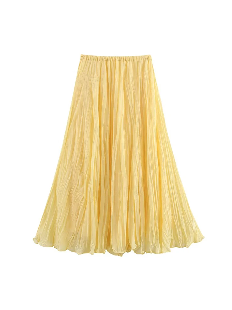 Vintage Women Elegant Yellow Pleated Skirts 2025 Fashion Ladies Sweet High Waist Skirt for Party Female Holiday Bottoms Chic
