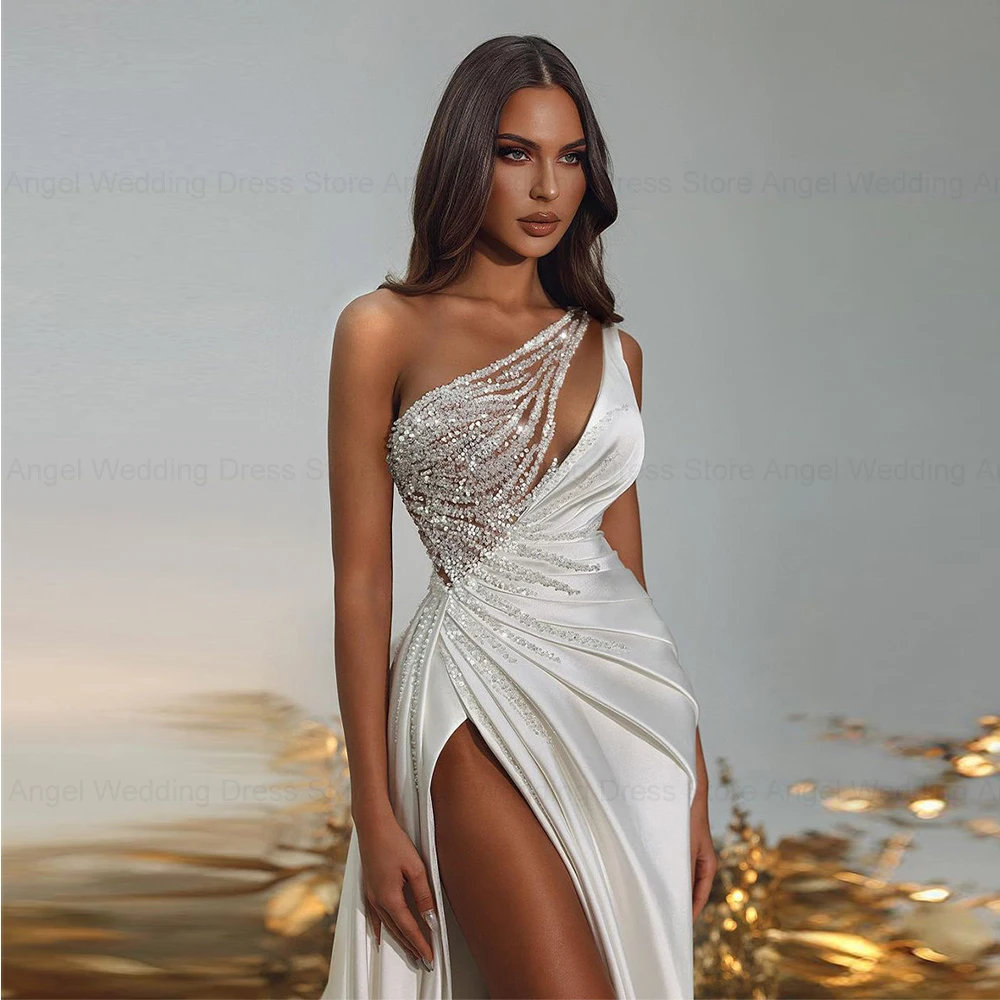 ANGEL Luxury Slit Side Wedding Dress Illusion Beads One Shoulder Customized Satin Bridal Gowns Sweep Train vestido de novia