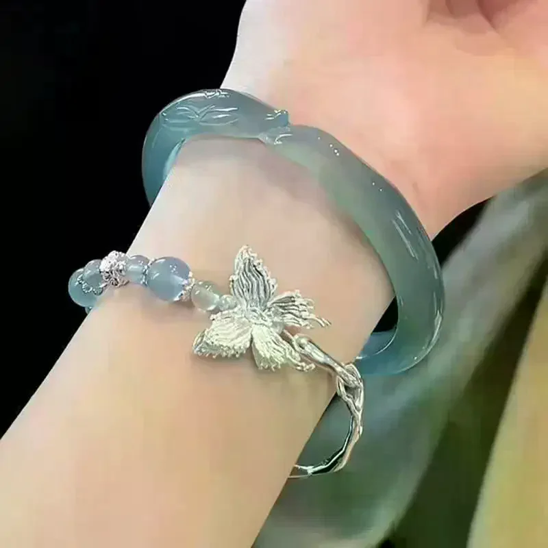 Chinese Style Beaded Bracelet Silver Butterfly Pendant Good Luck Blessing Graduation Gift Daily Wear Handmade