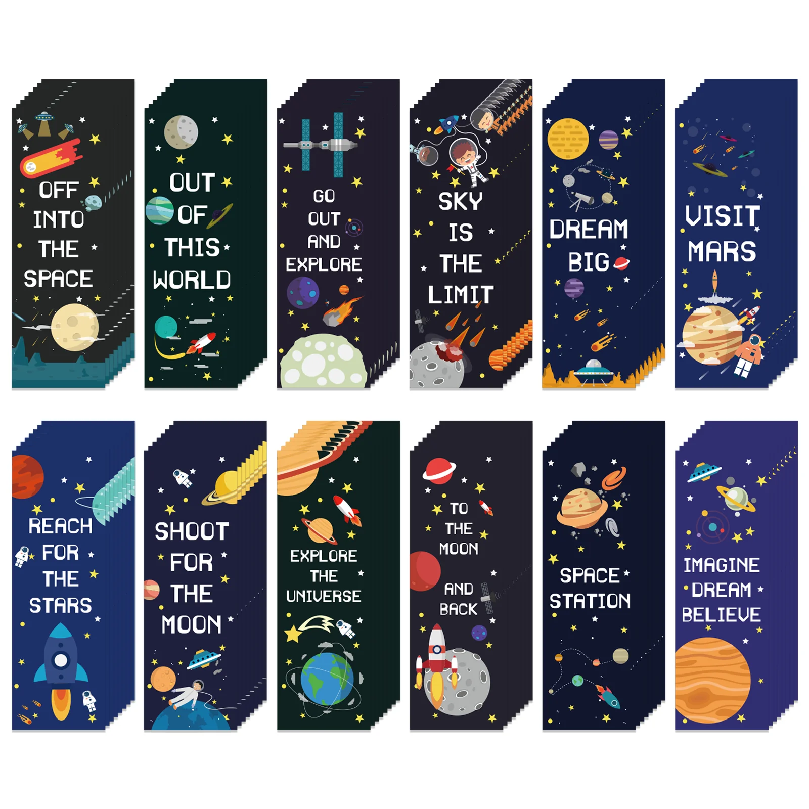 24 Pcs Space Ship Theme Bookmarks  Planet Rocket Colorful Inspirational Quotes Cards for Party Favors   Adults Encouragement