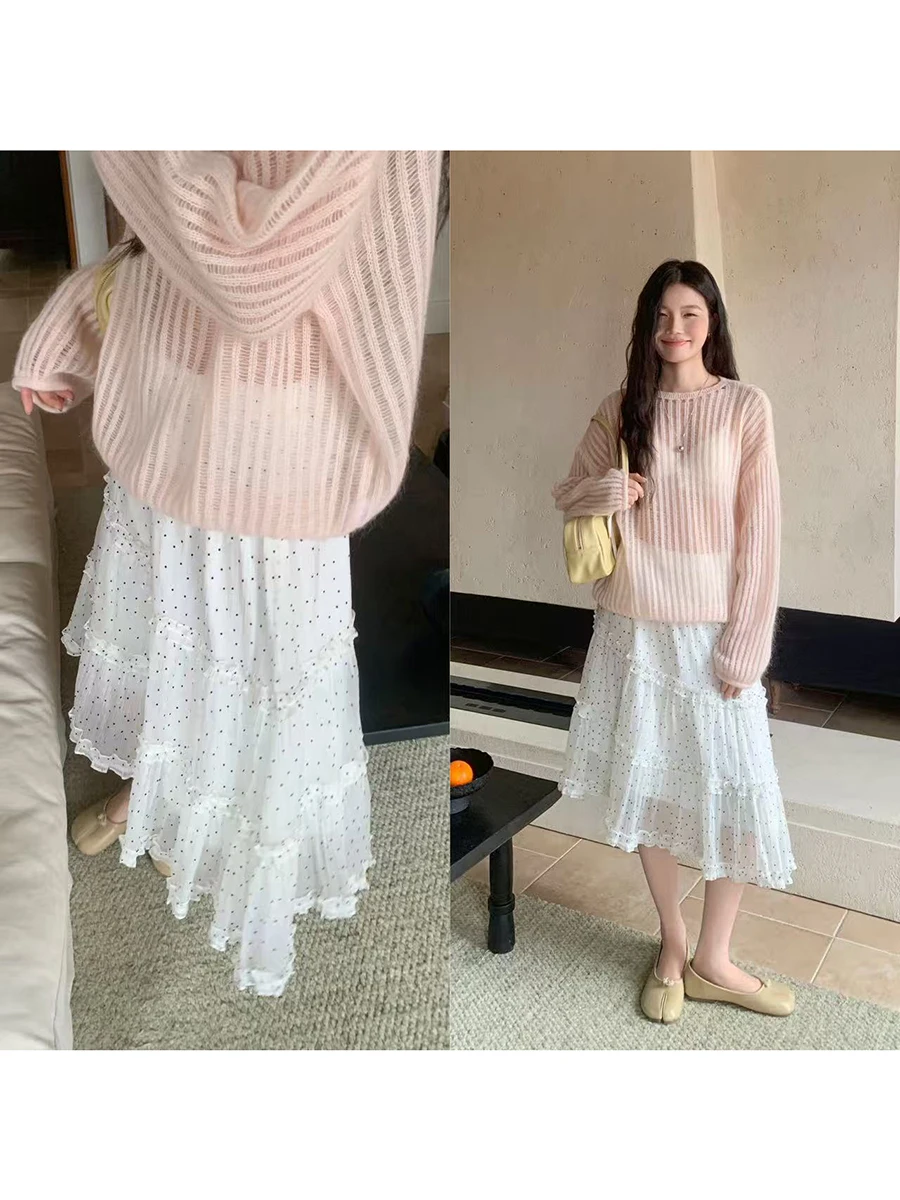 

Юбка LINYUNYUN в горошек, асимметричная, сетчатая, весенняя, винтажная, с эластичной талией, скрывающая бедра, А-силуэт, повседневный стиль, женская