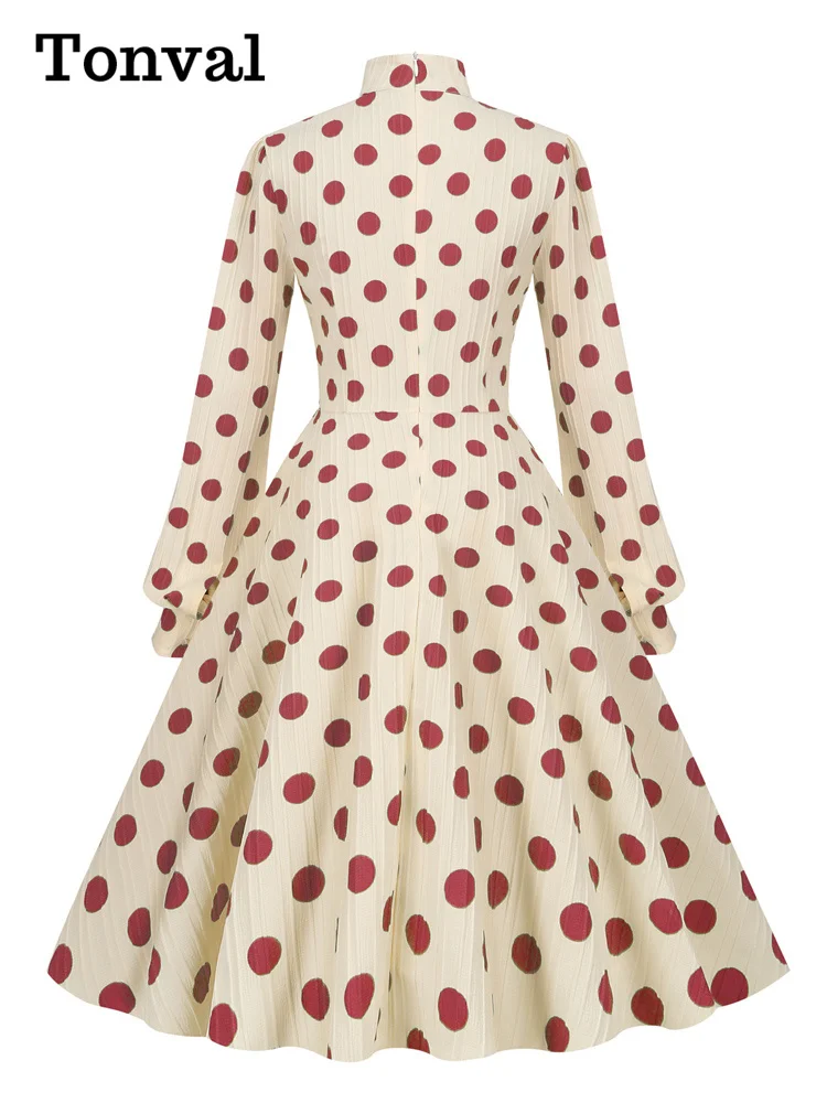 Tonval Bow Neck Bishop Sleeve Vintage Polka Dot Print Elegant Midi Dress 2023 Spring Fall Outfits Women 50s Retro Pocket Dresses
